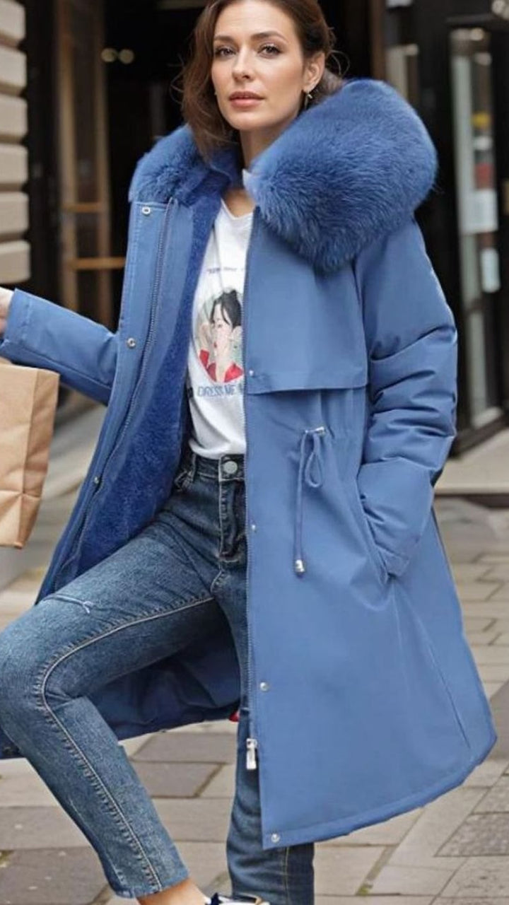 Women's Waterproof Hooded Faux-Fur Collar Winter Parka Coat - Blue