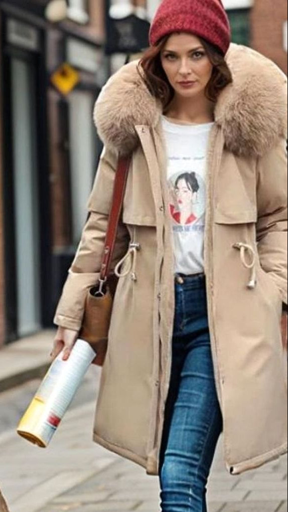 Women's Waterproof Hooded Faux-Fur Collar Winter Parka Coat - Beige