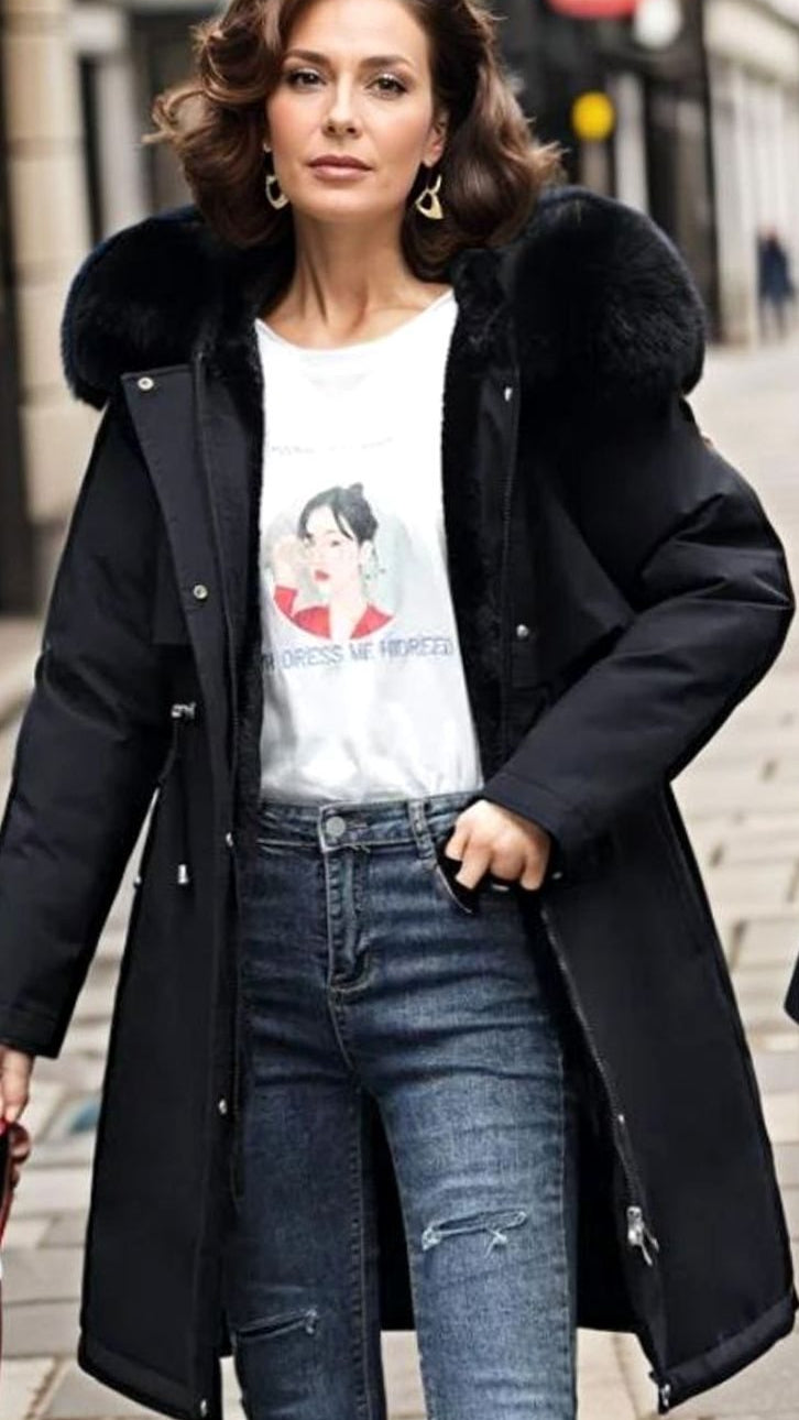 Women's Waterproof Hooded Faux-Fur Collar Winter Parka Coat - Black