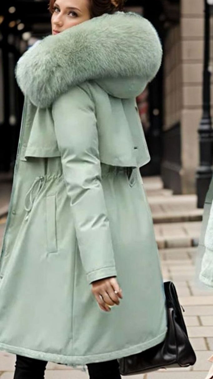 Women's Waterproof Hooded Faux-Fur Collar Winter Parka Coat - Green