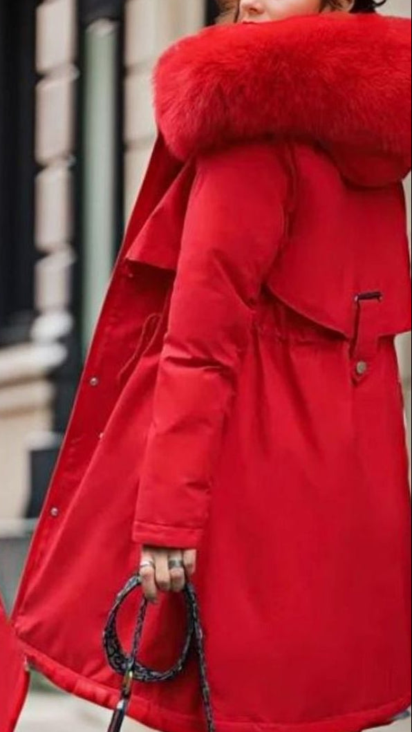 Women's Waterproof Hooded Faux-Fur Collar Winter Parka Coat - Red