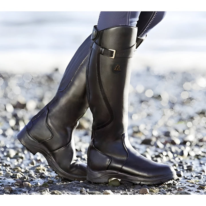 Women's Waterproof Leather Buckle Knee High Boots - Black