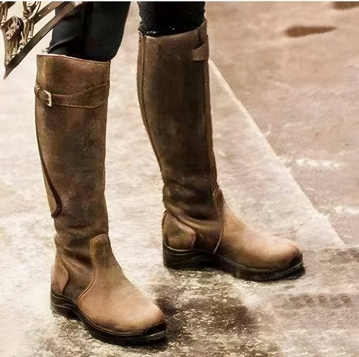 Women's Waterproof Leather Buckle Knee High Boots - Brown