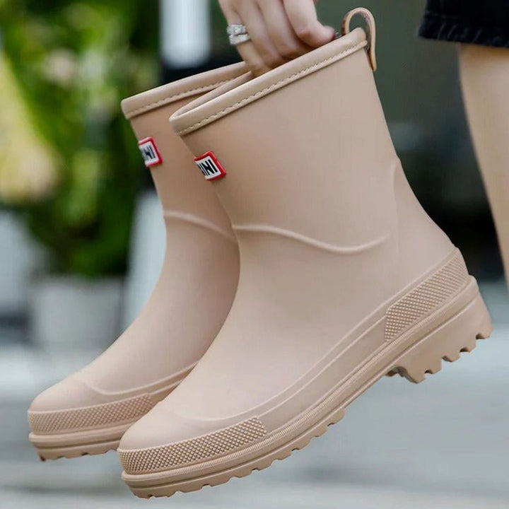 Women's Waterproof Mid-Calf Slip-On Rain Boots - Beige