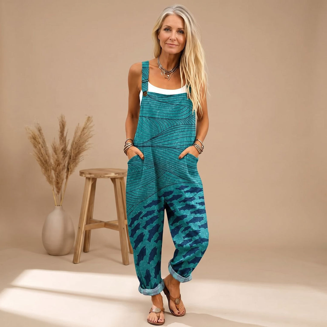 Women's Wave Print Relaxed-Fit Adjustable-Strap Overalls Jumpsuit