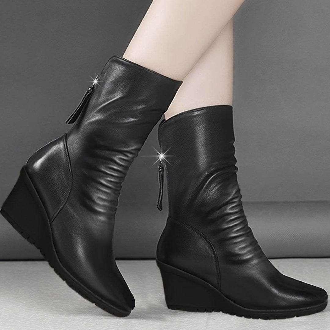 Women's Wedge Mid-Calf Boots Side-Zip Ruched Leather-Look - Black