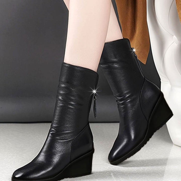 Women's Wedge Mid-Calf Boots Side-Zip Ruched Leather-Look