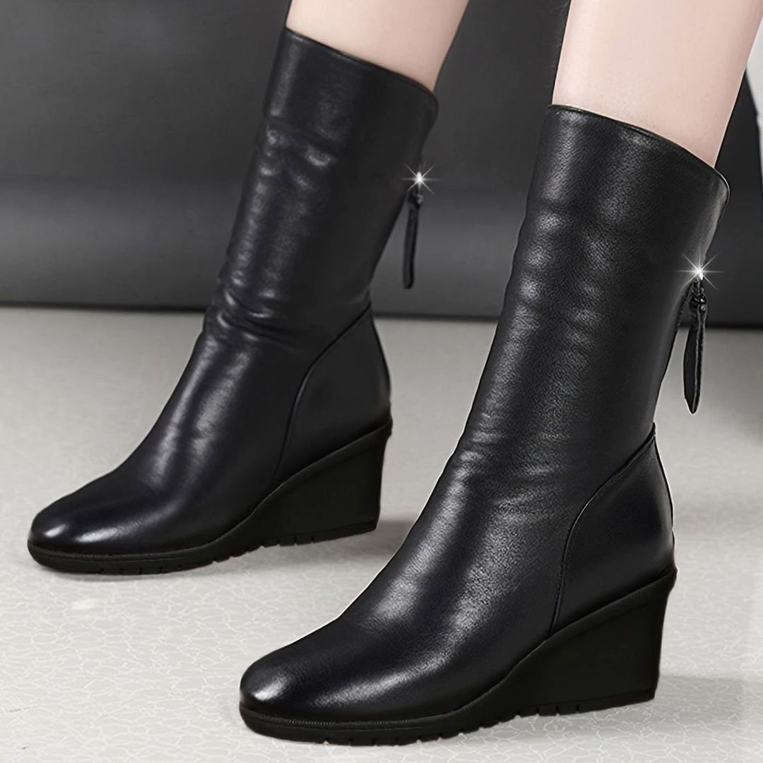 Women's Wedge Mid-Calf Boots Side-Zip Ruched Leather-Look
