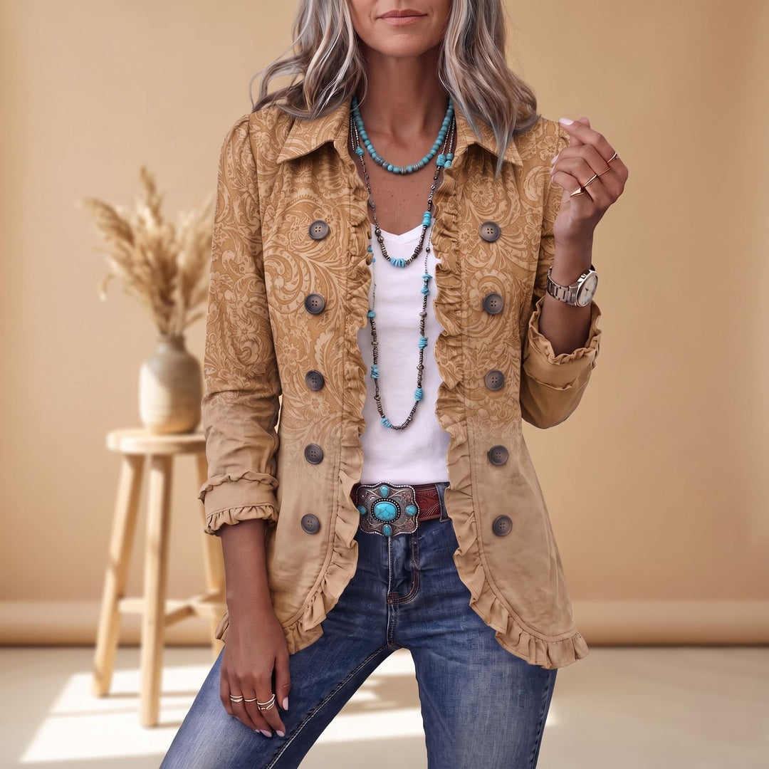 Women's Western Floral Ruffle Double-Breasted Jacket - Khaki