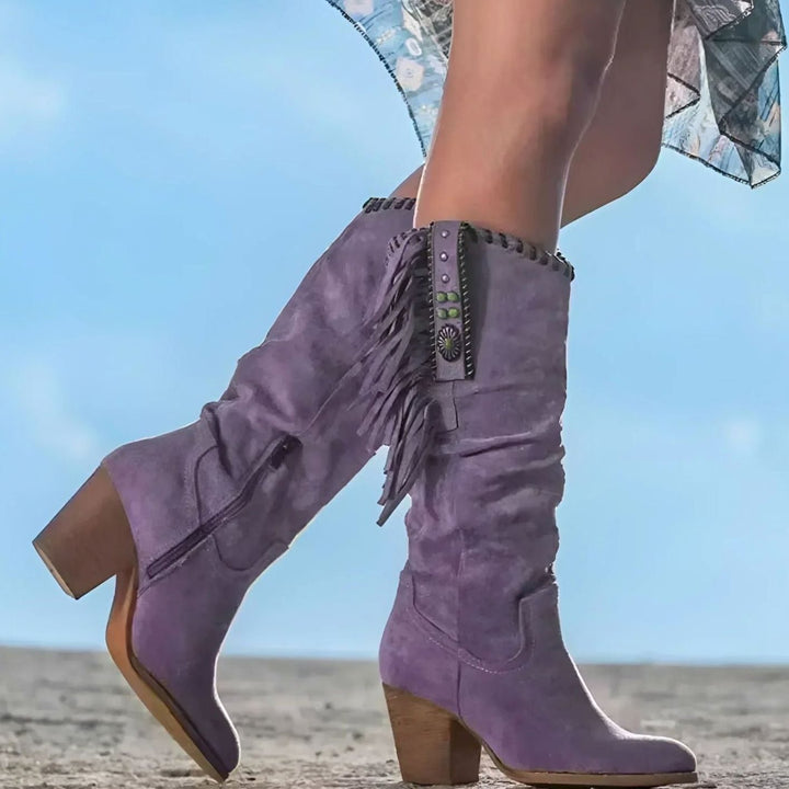 Women's Western Fringe Block-Heel Knee High Boots - Lilac
