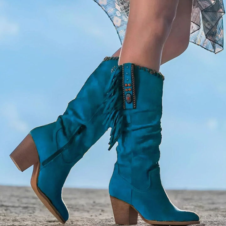 Women's Western Fringe Block-Heel Knee High Boots - Blue