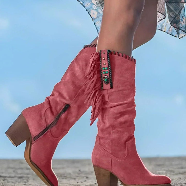 Women's Western Fringe Block-Heel Knee High Boots - Pink