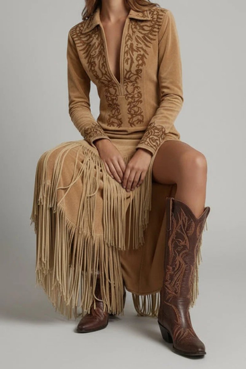 Women's Western Fringe Long-Sleeve Evening Gown Maxi Dress - Light brown