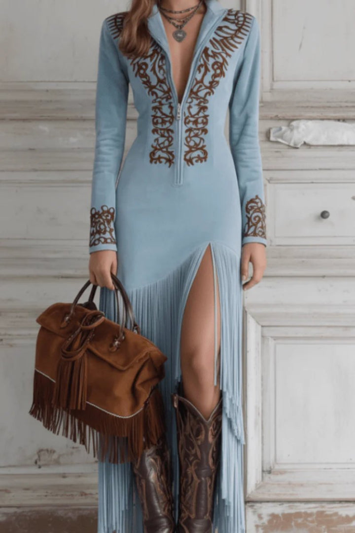 Women's Western Fringe Long-Sleeve Evening Gown Maxi Dress