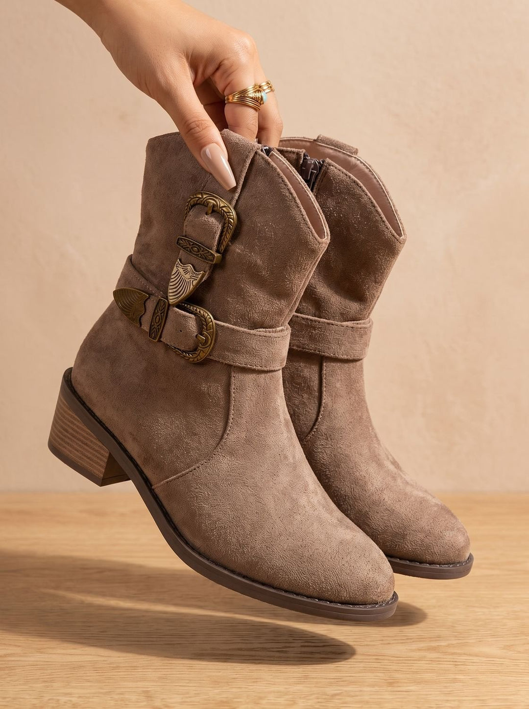 Women's Western-Style Block Heel Ankle Boots Decorative Buckles - Brown