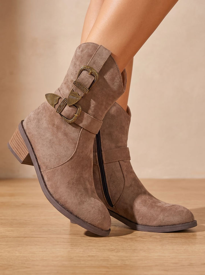 Women's Western-Style Block Heel Ankle Boots Decorative Buckles