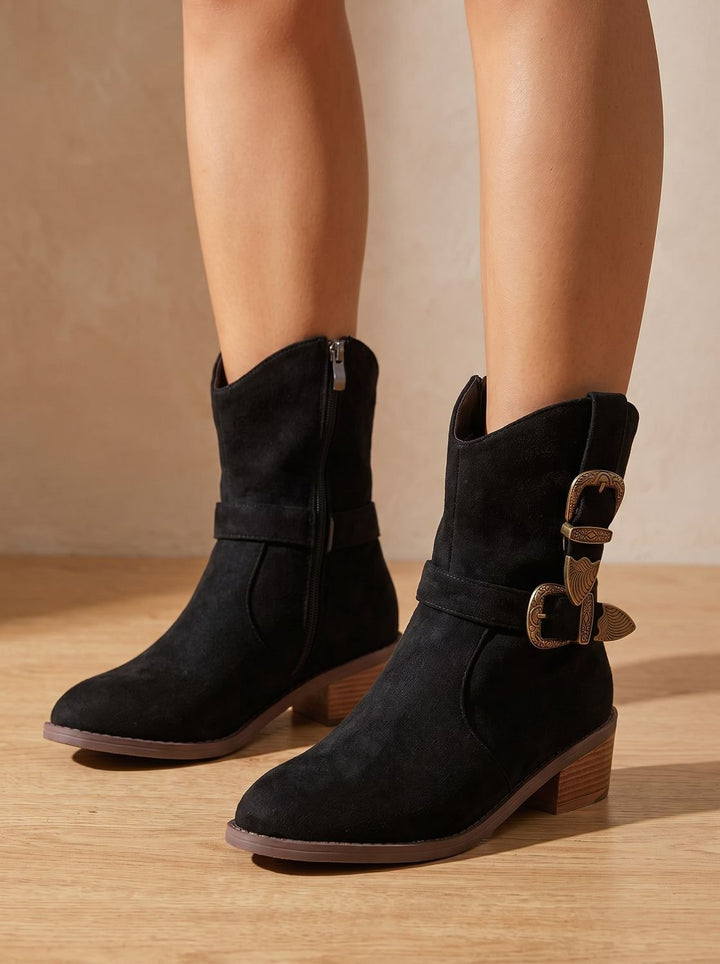 Women's Western-Style Block Heel Ankle Boots Decorative Buckles