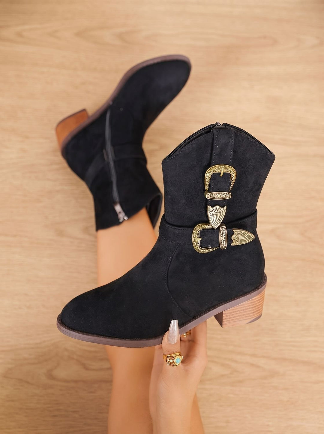 Women's Western-Style Block Heel Ankle Boots Decorative Buckles - Black