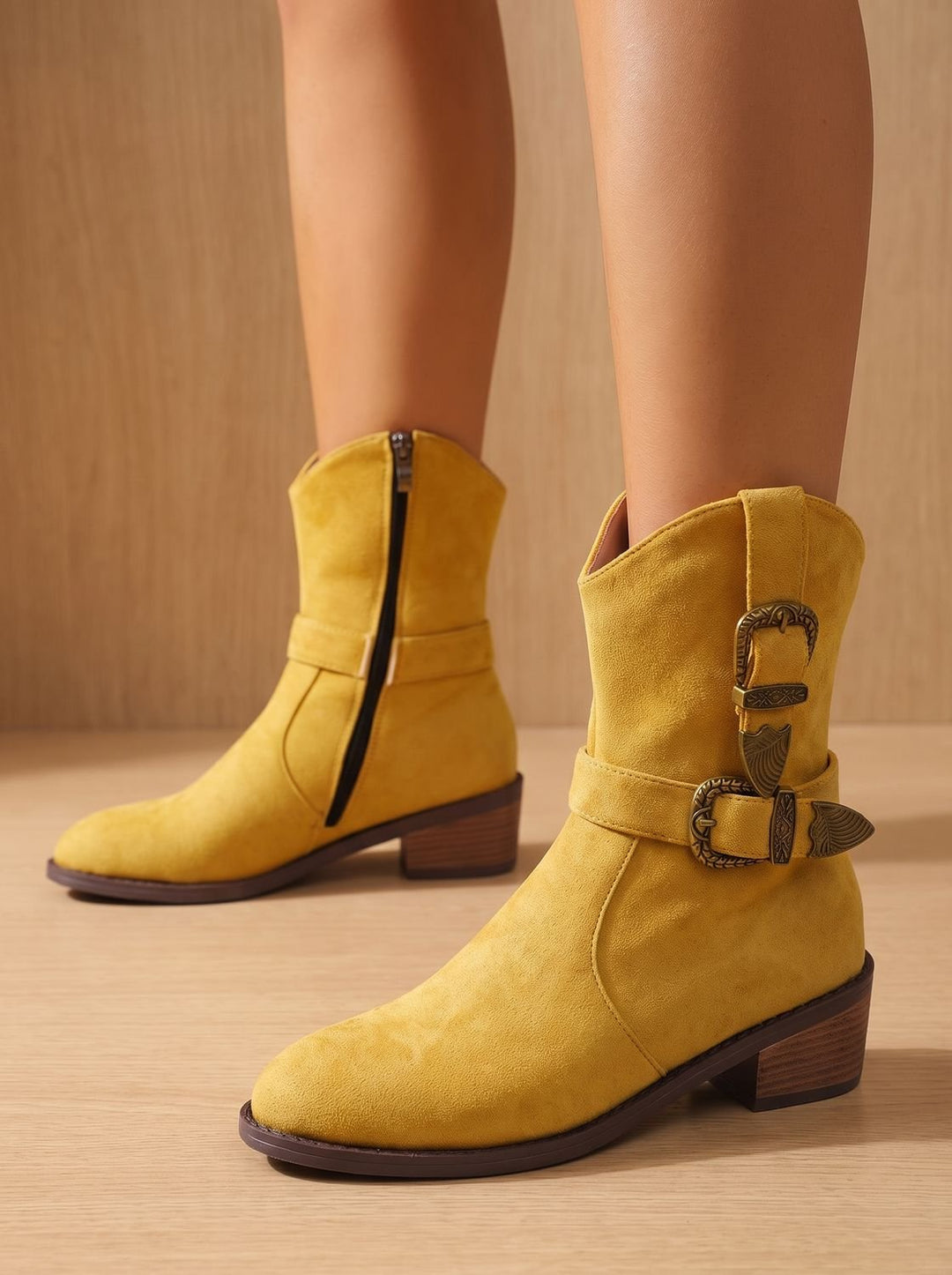 Women's Western-Style Block Heel Ankle Boots Decorative Buckles