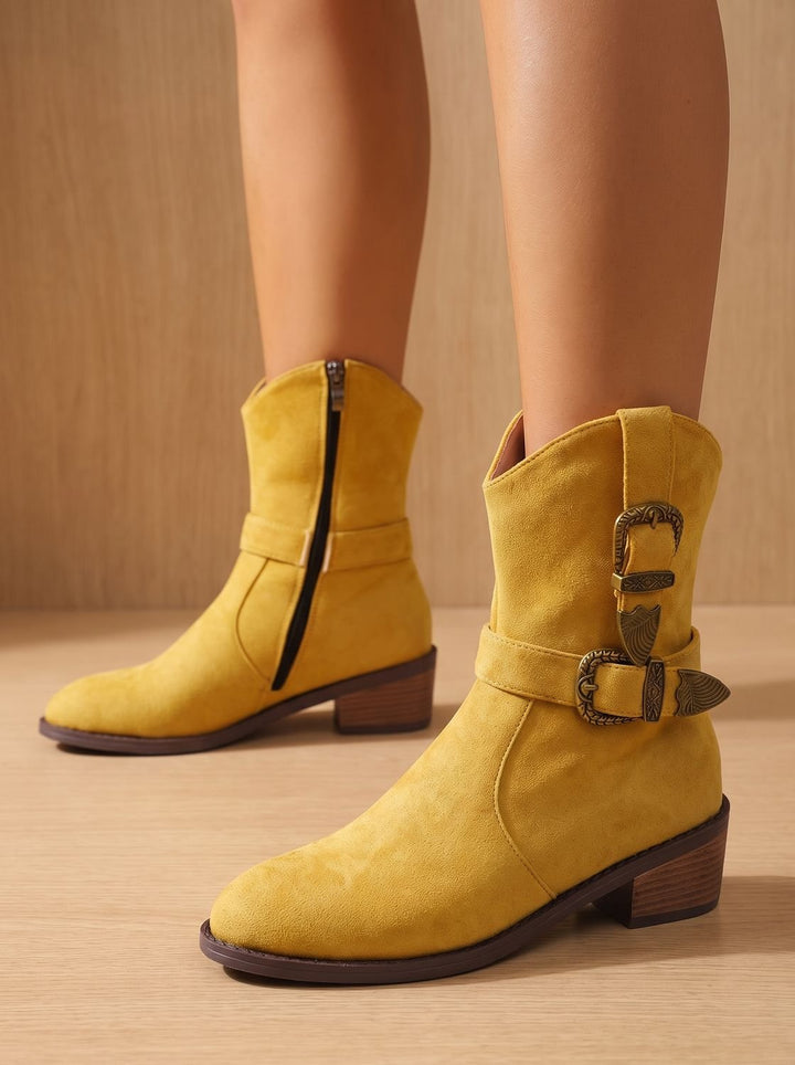 Women's Western-Style Block Heel Ankle Boots Decorative Buckles