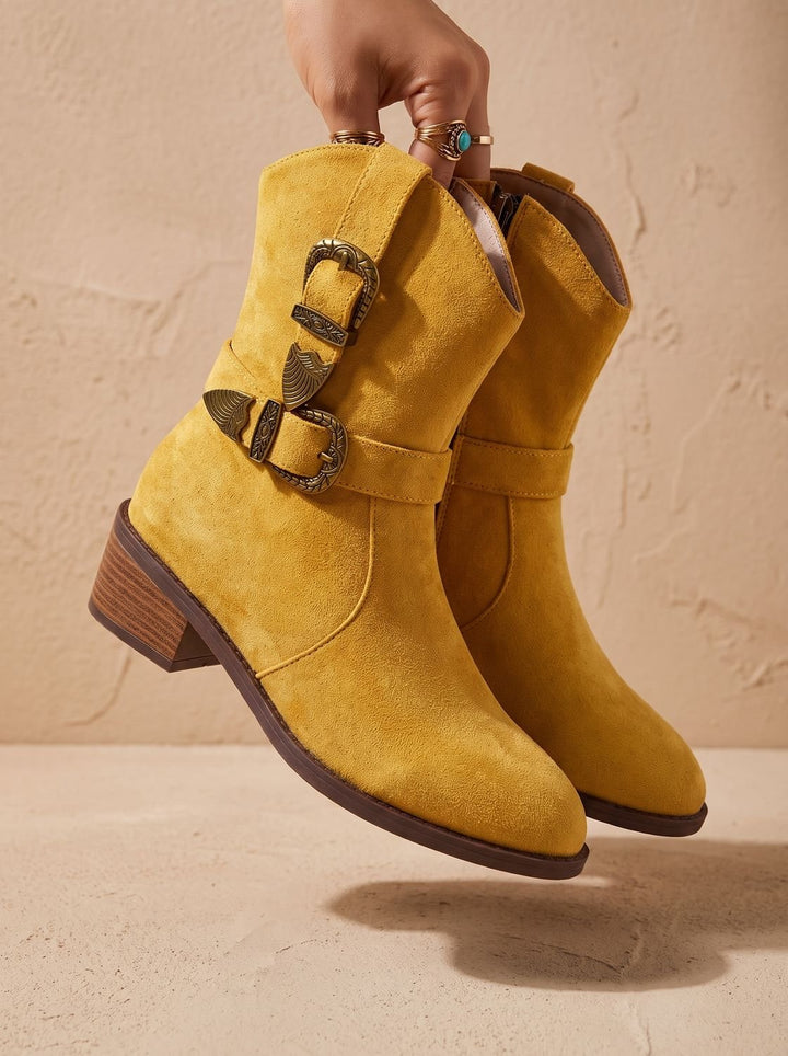 Women's Western-Style Block Heel Ankle Boots Decorative Buckles - Yellow
