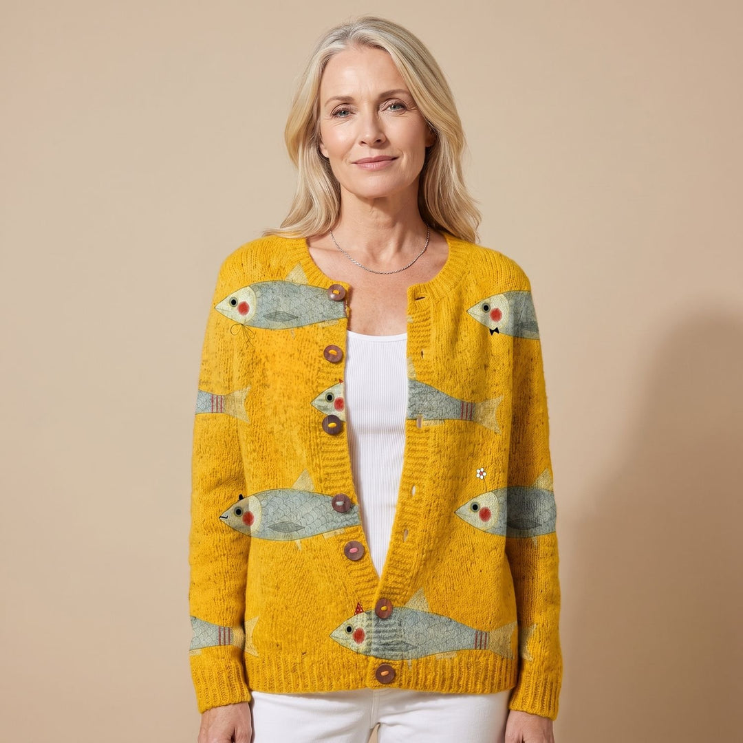 Women's Whimsical Fish Print Open-Front Knit Cardigan