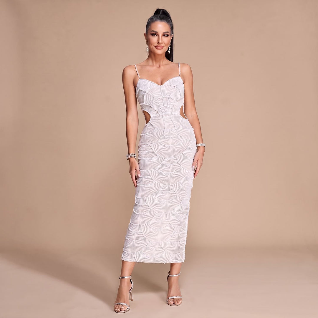 Women's White Sequin Midi Dress Sweetheart Cutout Spaghetti Strap