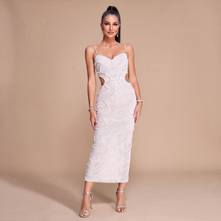 Women's White Sequin Midi Dress Sweetheart Cutout Spaghetti Strap
