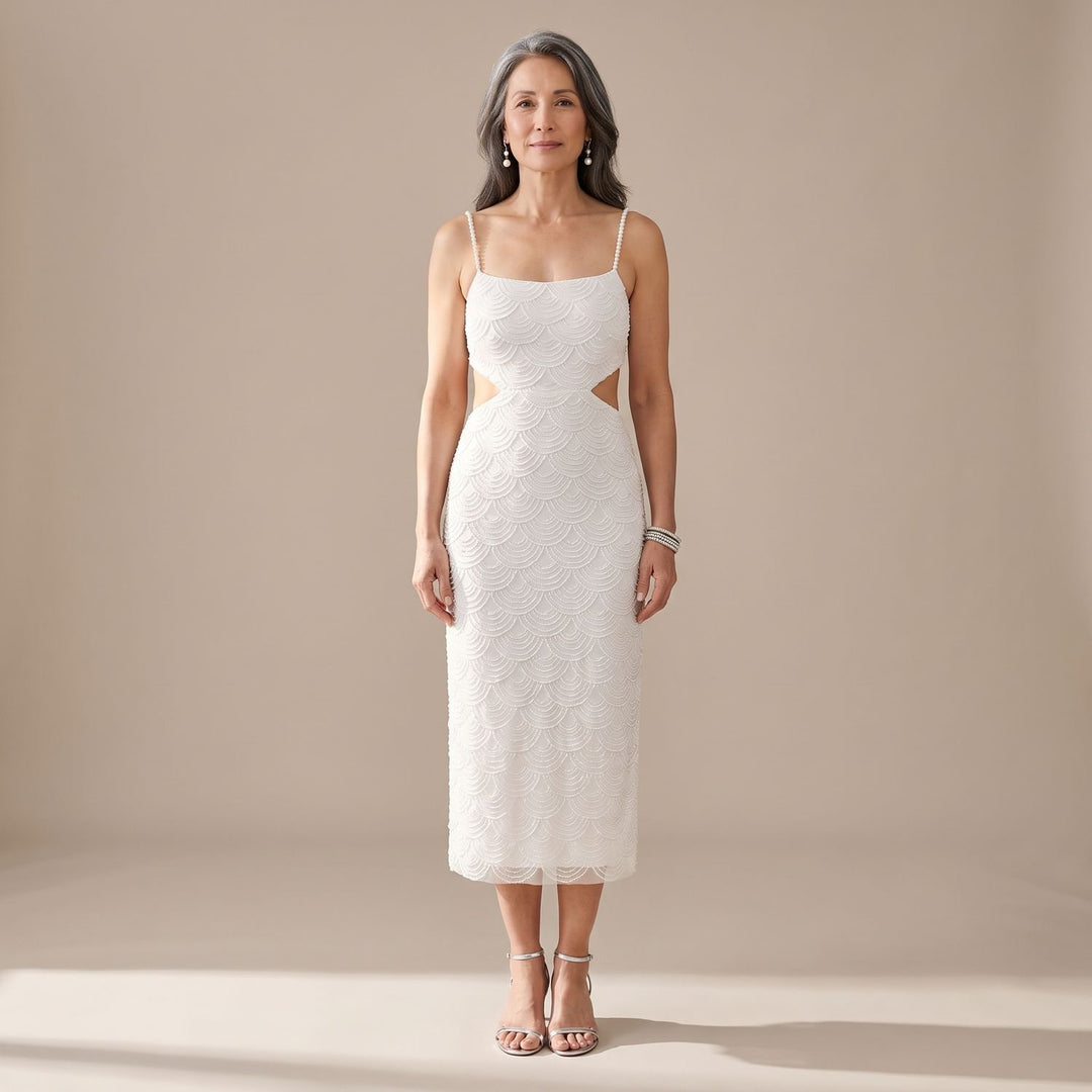 Women's White Sequin Midi Dress Sweetheart Cutout Spaghetti Strap