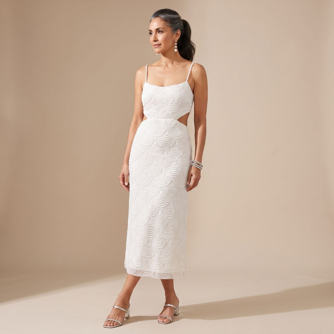 Women's White Sequin Midi Dress Sweetheart Cutout Spaghetti Strap