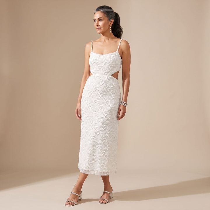Women's White Sequin Midi Dress Sweetheart Cutout Spaghetti Strap