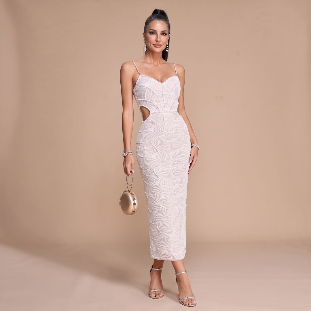 Women's White Sequin Midi Dress Sweetheart Cutout Spaghetti Strap