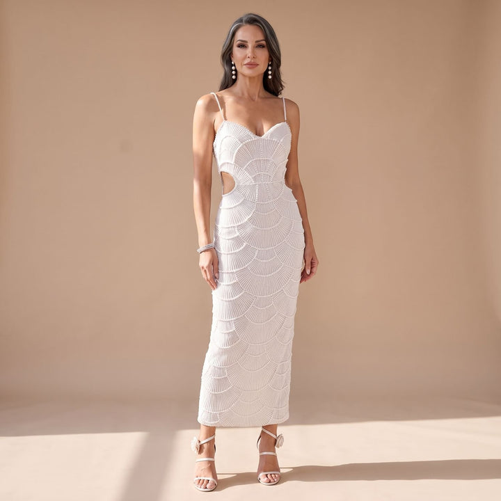 Women's White Sequin Midi Dress Sweetheart Cutout Spaghetti Strap - Color