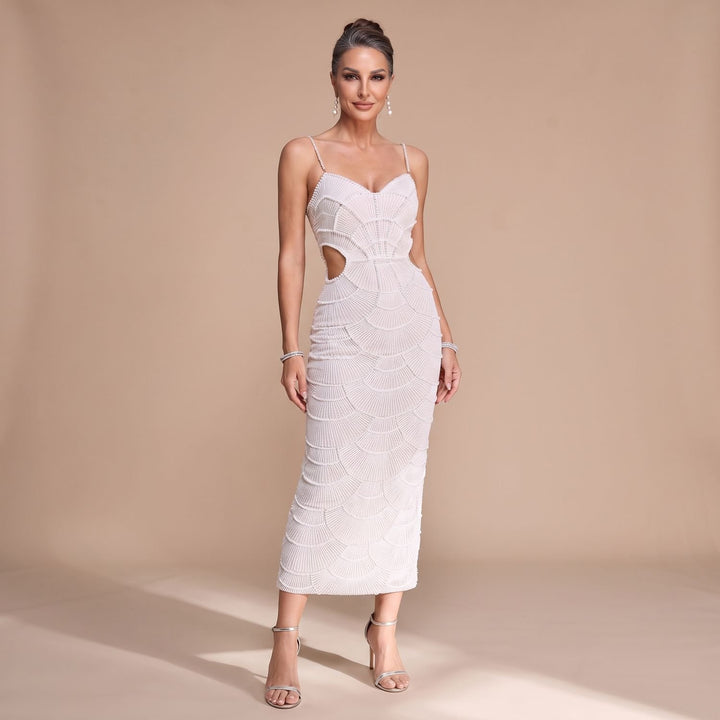 Women's White Sequin Midi Dress Sweetheart Cutout Spaghetti Strap