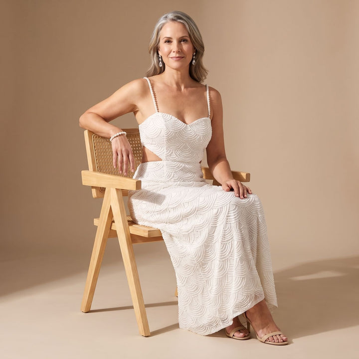 Women's White Sequin Midi Dress Sweetheart Cutout Spaghetti Strap