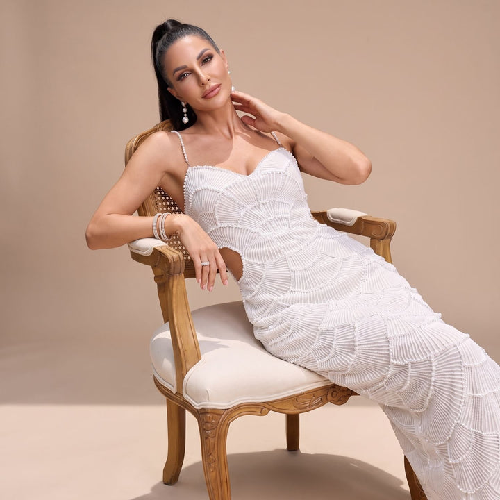 Women's White Sequin Midi Dress Sweetheart Cutout Spaghetti Strap