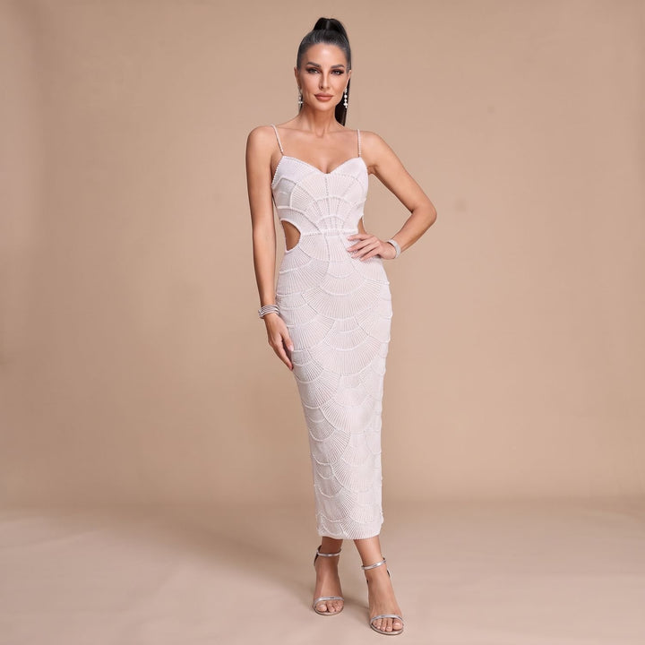 Women's White Sequin Midi Dress Sweetheart Cutout Spaghetti Strap