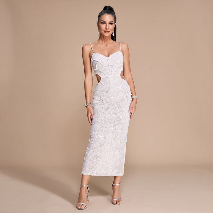 Women's White Sequin Midi Dress Sweetheart Cutout Spaghetti Strap