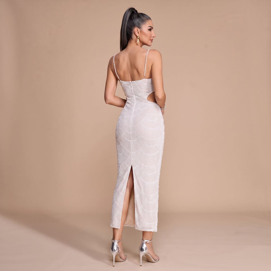 Women's White Sequin Midi Dress Sweetheart Cutout Spaghetti Strap