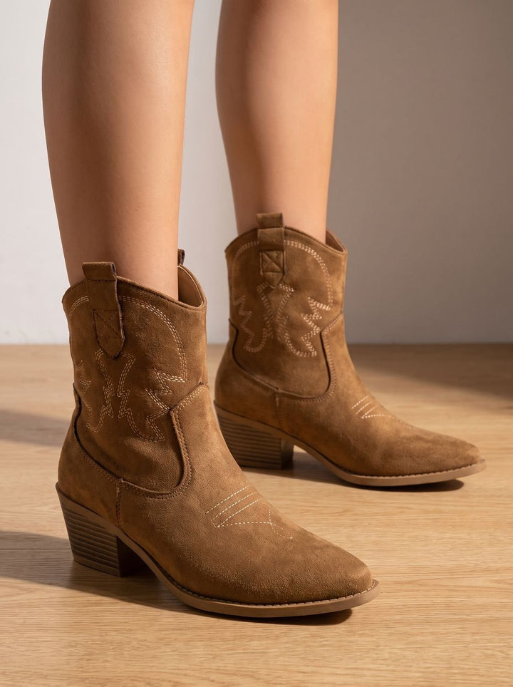 Women's Wide-Calf Embroidered Slip-On Western Cowboy Ankle Boots