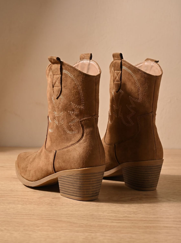 Women's Wide-Calf Embroidered Slip-On Western Cowboy Ankle Boots