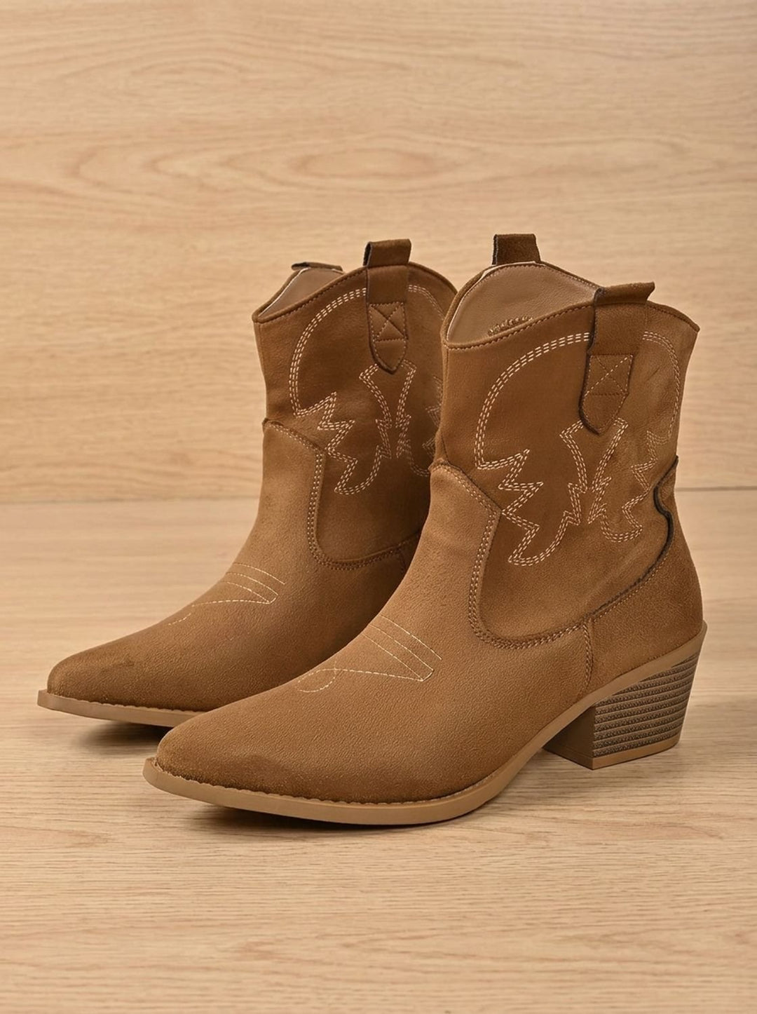 Women's Wide-Calf Embroidered Slip-On Western Cowboy Ankle Boots - Light Brown