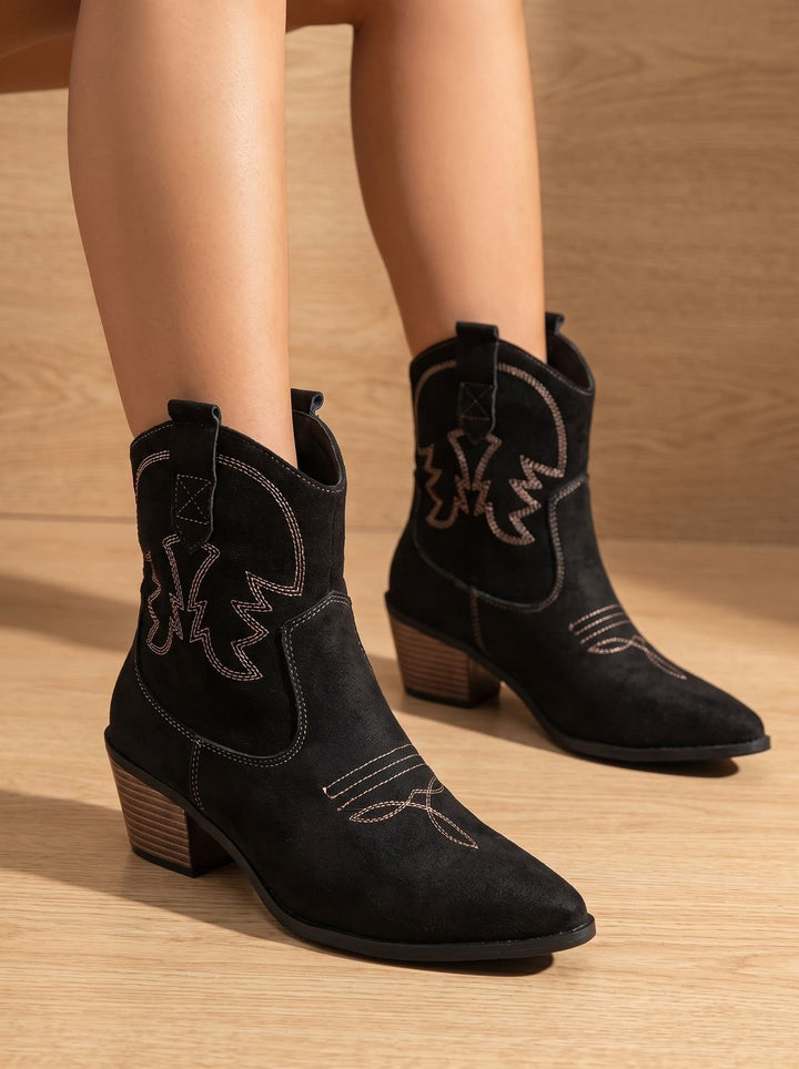 Women's Wide-Calf Embroidered Slip-On Western Cowboy Ankle Boots