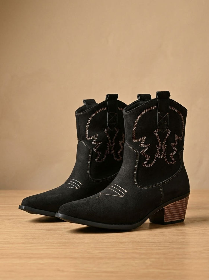 Women's Wide-Calf Embroidered Slip-On Western Cowboy Ankle Boots - Black