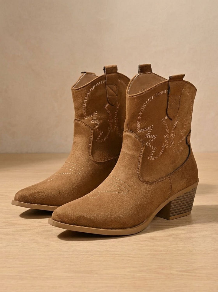 Women's Wide-Calf Embroidered Slip-On Western Cowboy Ankle Boots