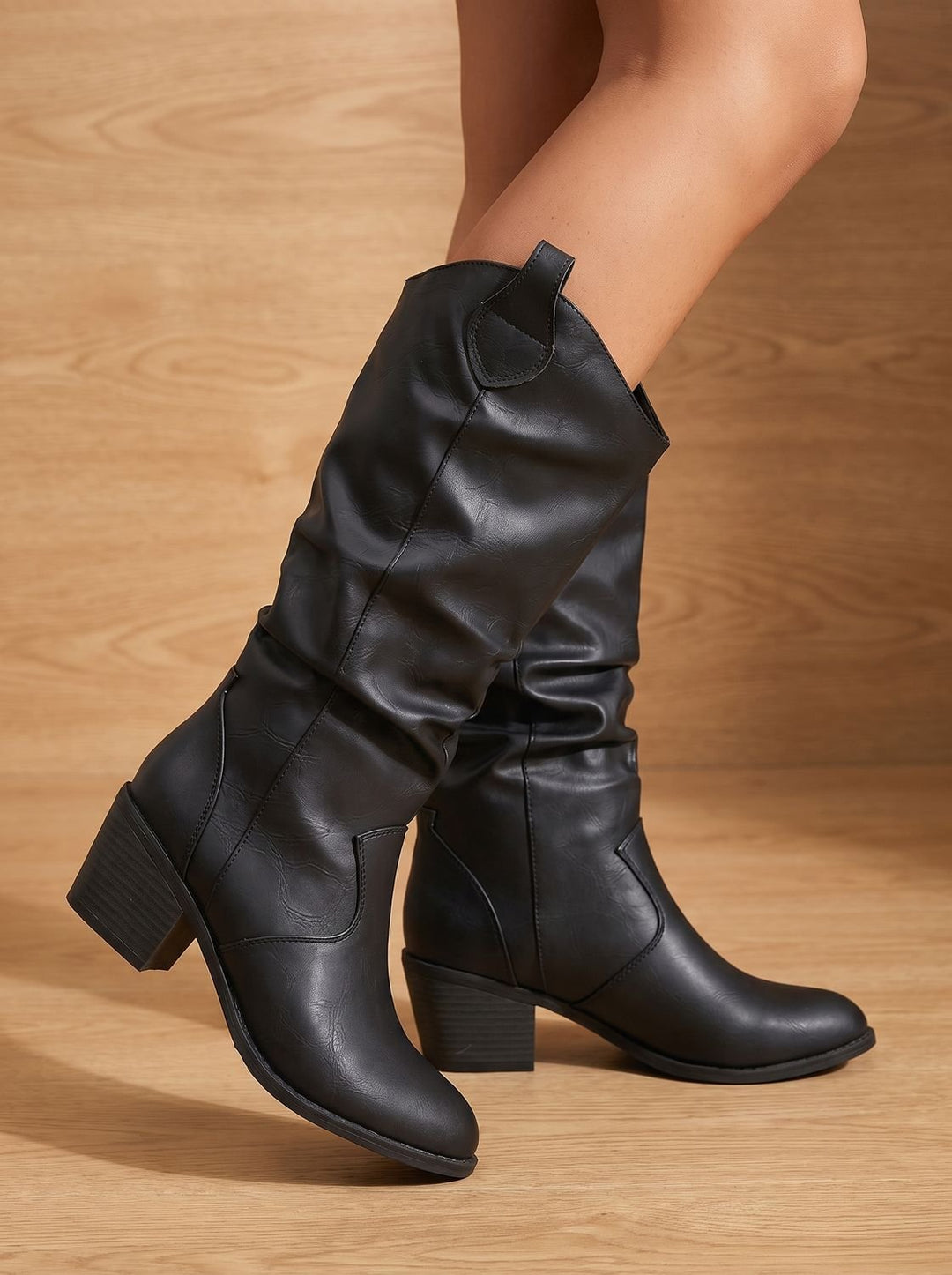 Women's Wide-Calf Flat-Heel Pull-On Western Knee-High Boots - Black