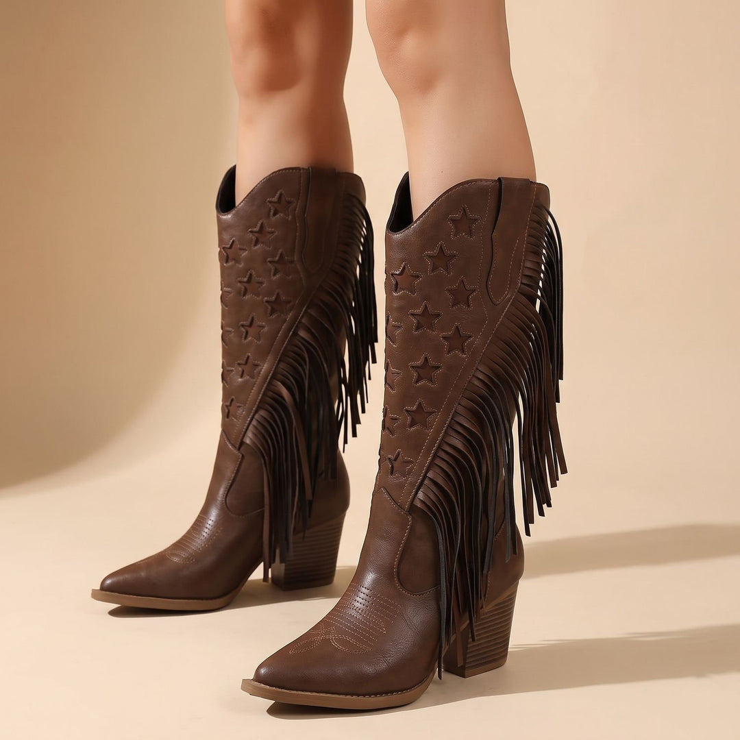 Women's Wide-Calf Fringe Star-Embroidered Knee High Boots - Dark Brown