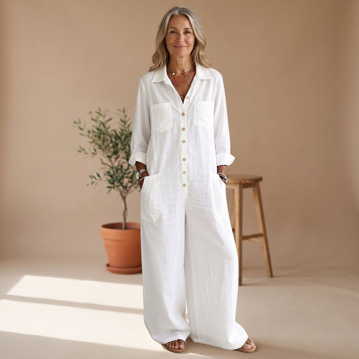 Women's Wide-Leg Button-Down Linen Jumpsuit with Pockets - White