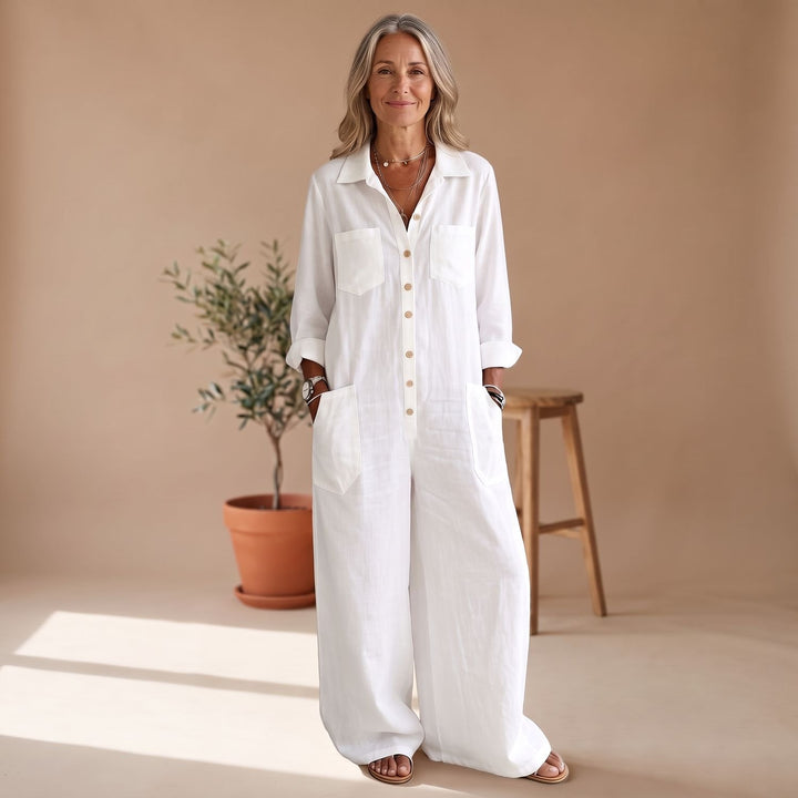 Women's Wide-Leg Button-Down Linen Jumpsuit with Pockets