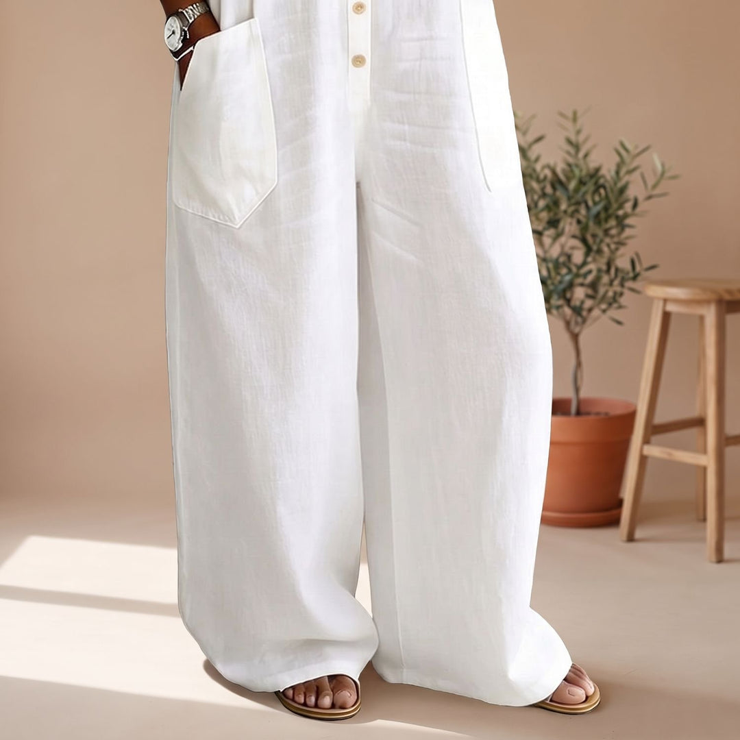 Women's Wide-Leg Button-Down Linen Jumpsuit with Pockets